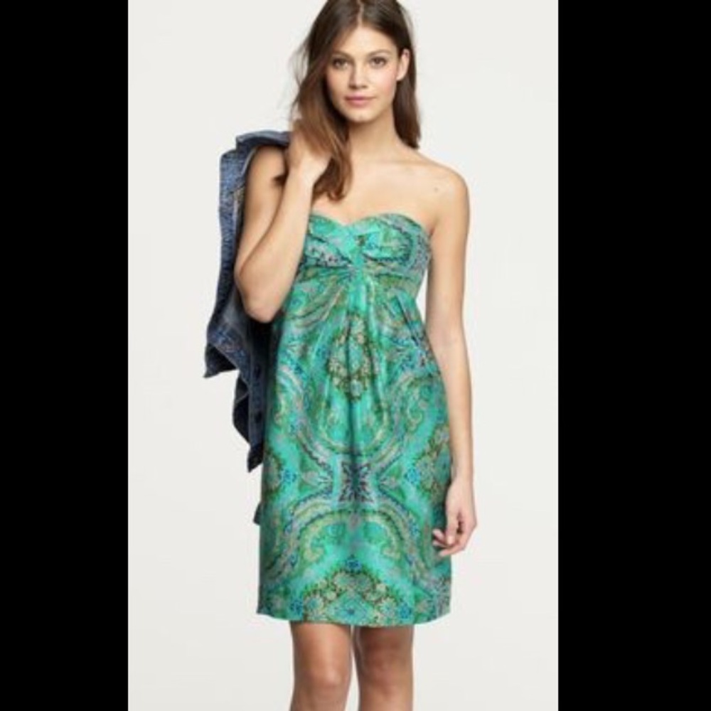 {J. Crew} Jade Grn Silk Floral Strapless
